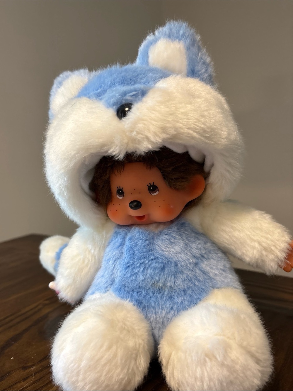 Monchhichi Plush Doll 8" Blue White Fox Costume Vintage Style Sekiguchi Cute